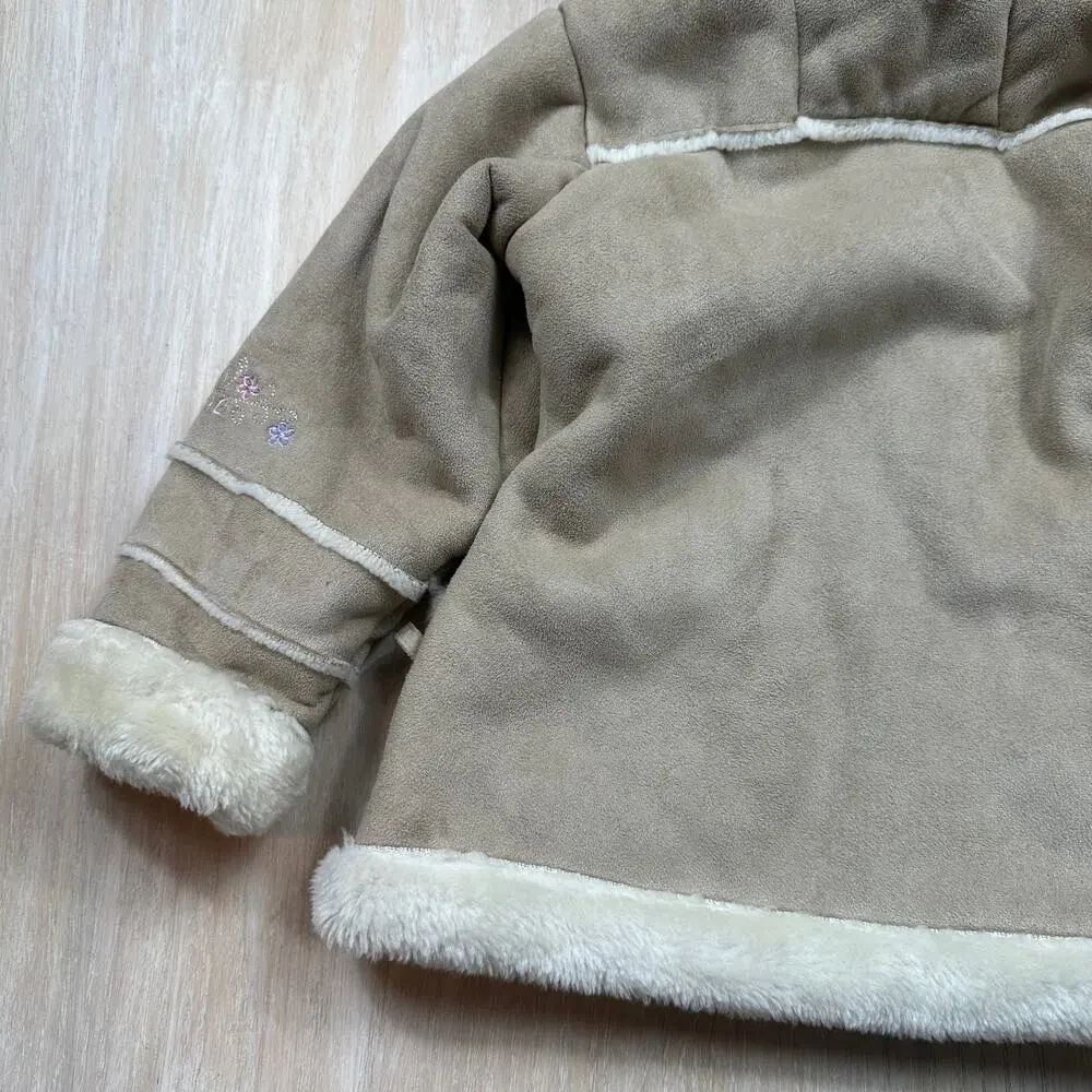 Arizona Jean Co Girls Tan Faux Suede Sherpa Embroidered Y2K Hooded Winter Coat 4